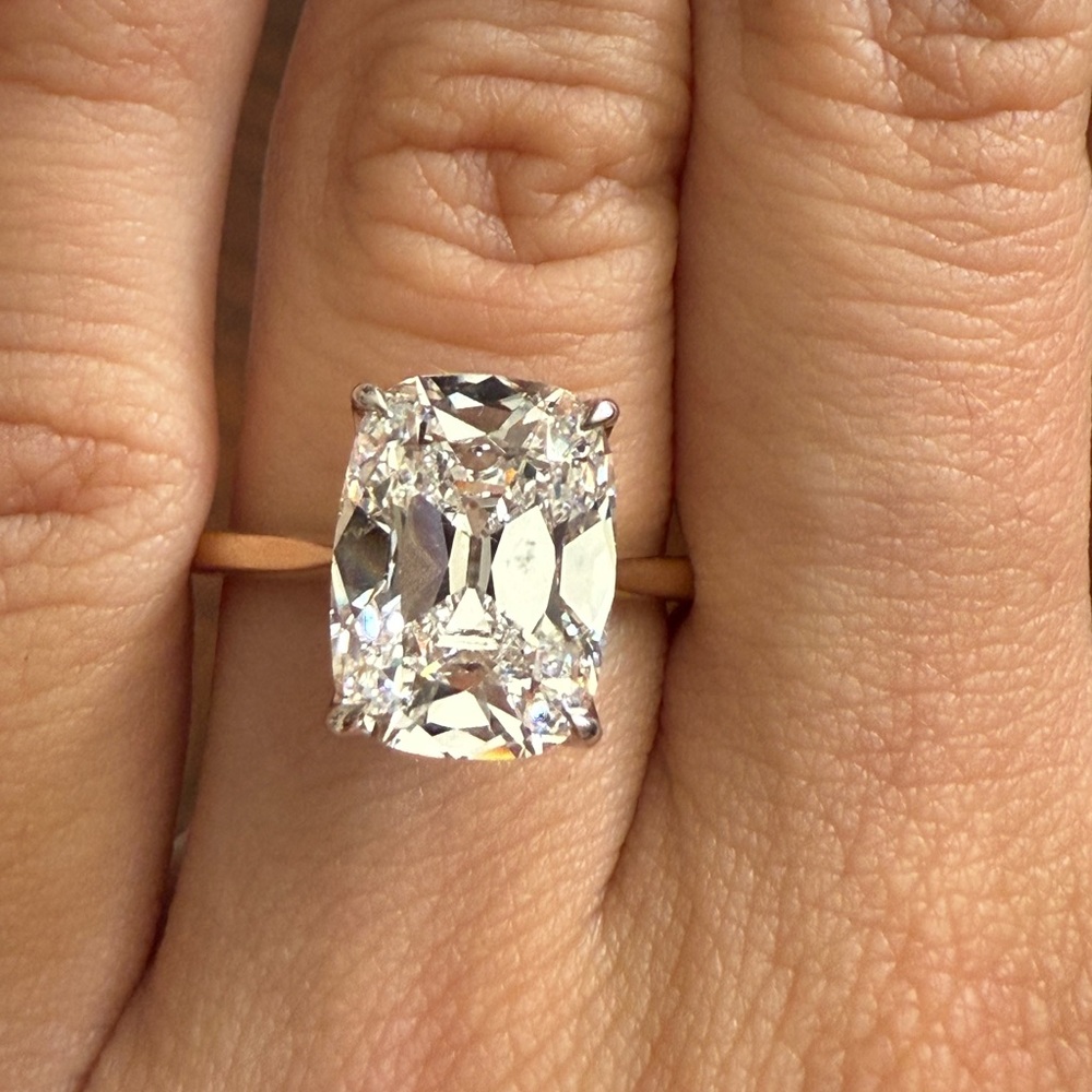 4.82 carat E VVS2 antique cushion lab diamond solitaire tulip engagement ring